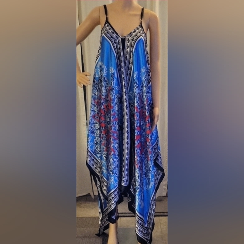 Blue and Black Patterned asymmetrical dress size Med by Magic